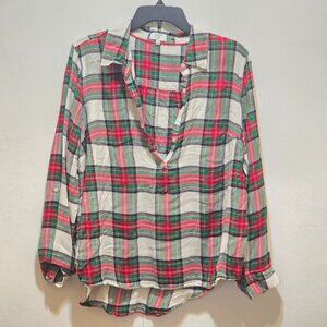 Crown & Ivy Curvy Red Green White Plaid Half-Button Roll Tab Sleeve Top 1X
